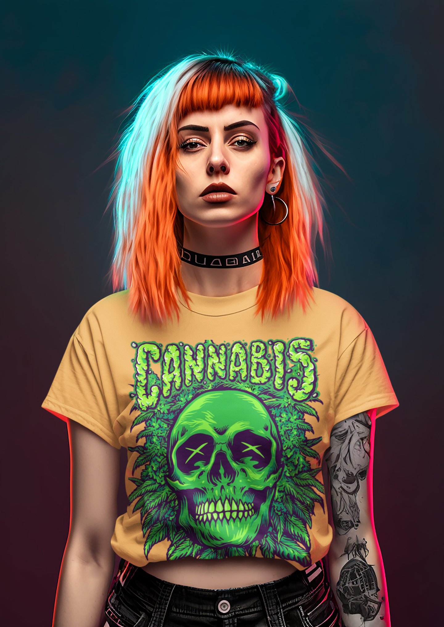 Cannabis Skull Half Sleeve Black T-shirt Printed