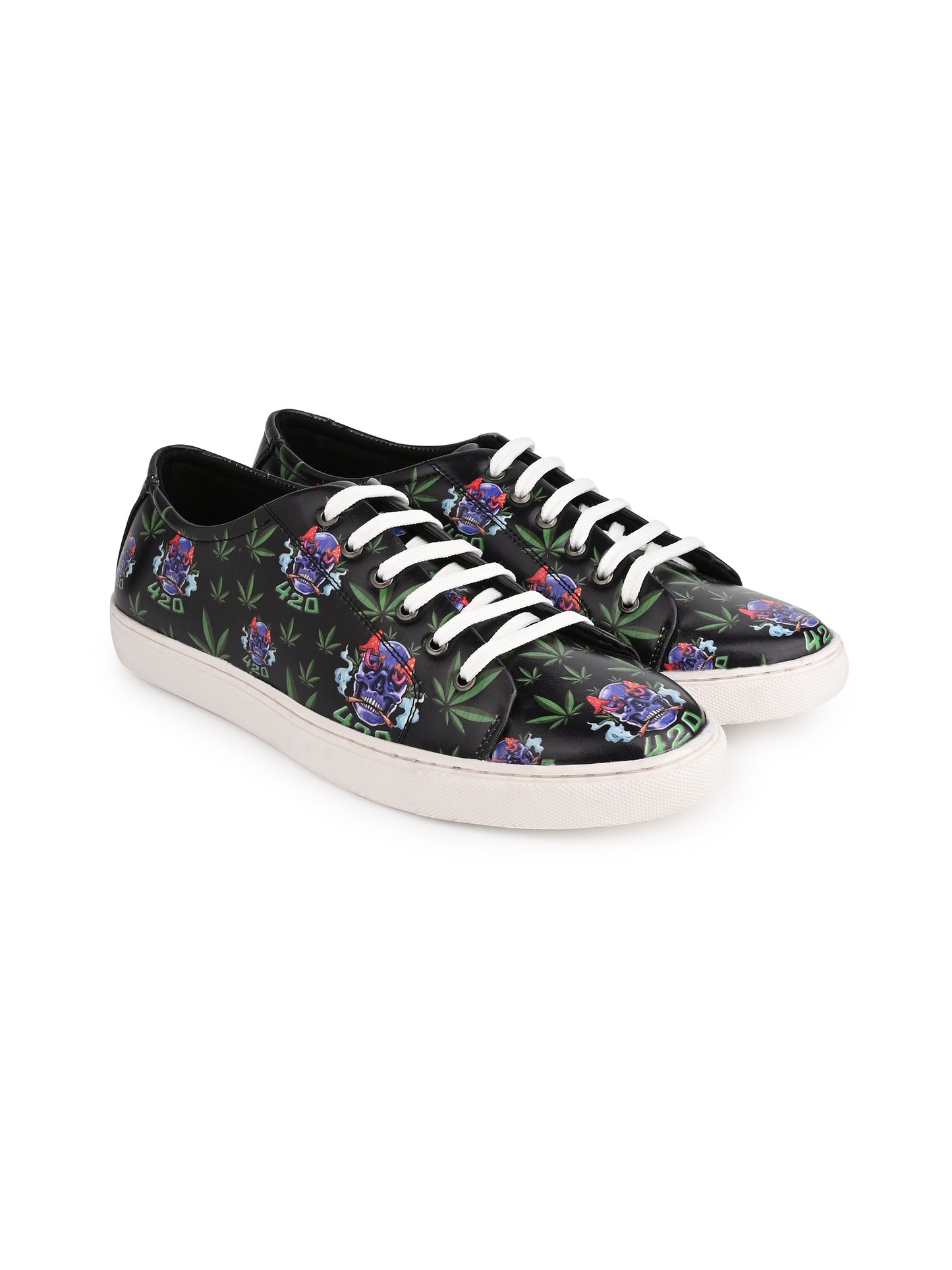 Skull 420 Weed Design Deep Black Shoe - Printed Synthetic Vegan Leather