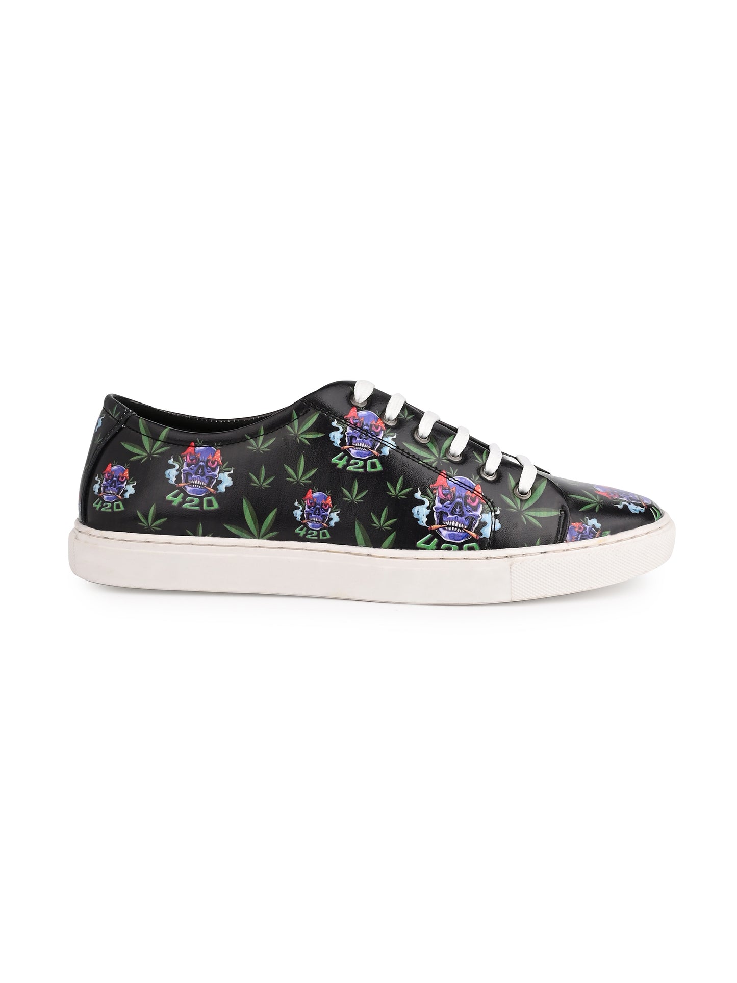 Skull 420 Weed Design Deep Black Shoe - Printed Synthetic Vegan Leather