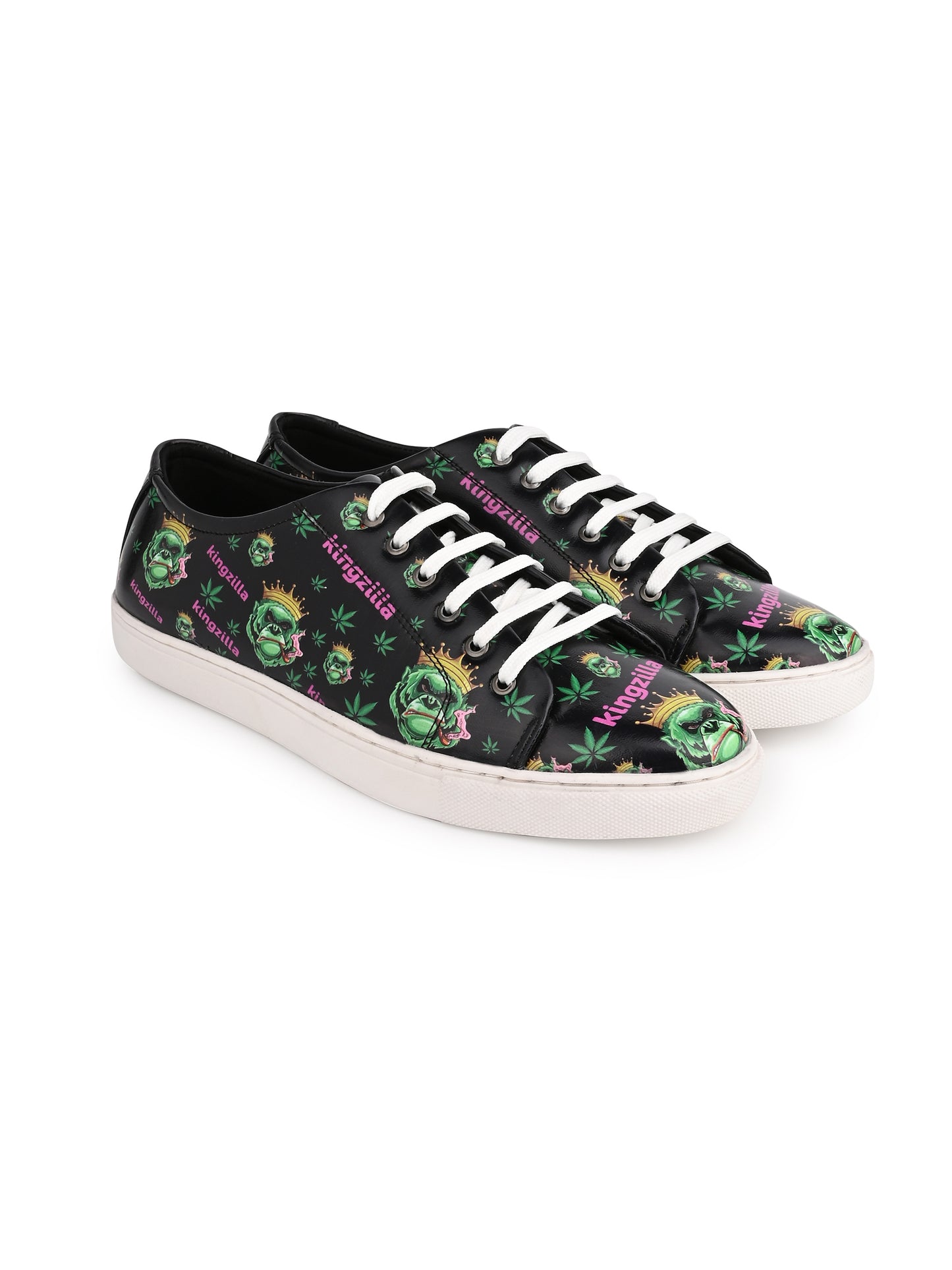 Kingzilla Weed Design Deep Black Shoe - Printed Synthetic Vegan Leather Size