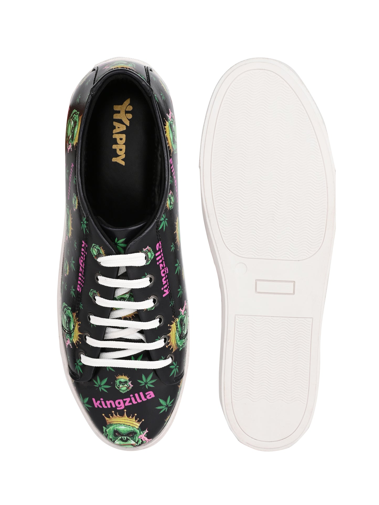 Kingzilla Weed Design Deep Black Shoe - Printed Synthetic Vegan Leather Size