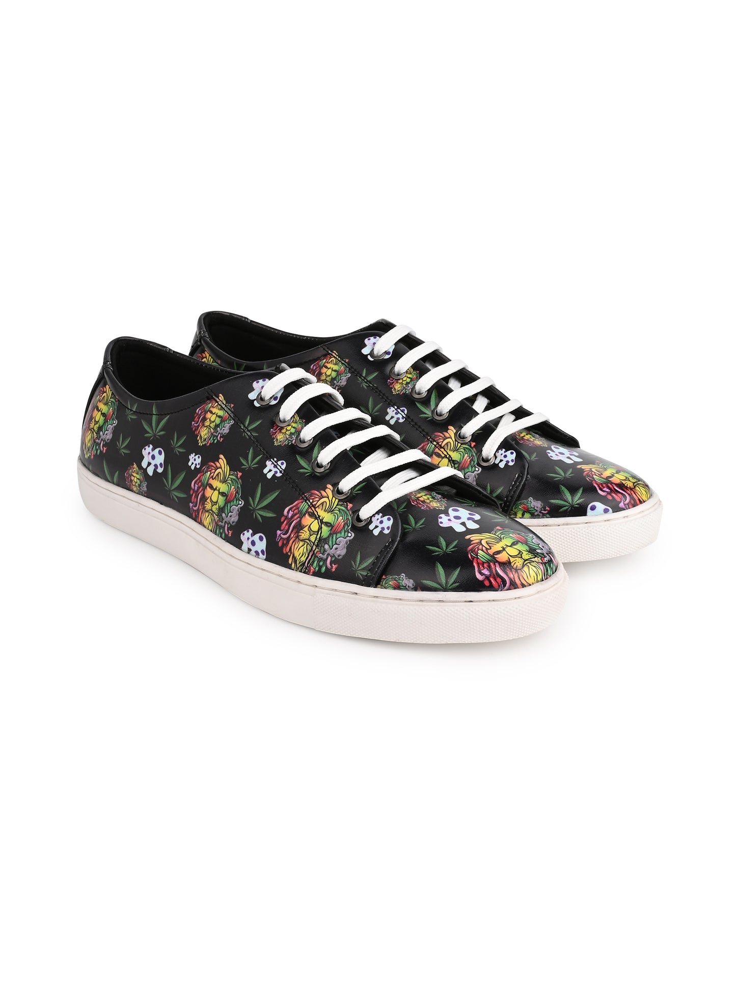 Lion Smoking Weed Design Deep Black Shoe - Printed Synthetic Vegan Leather Size