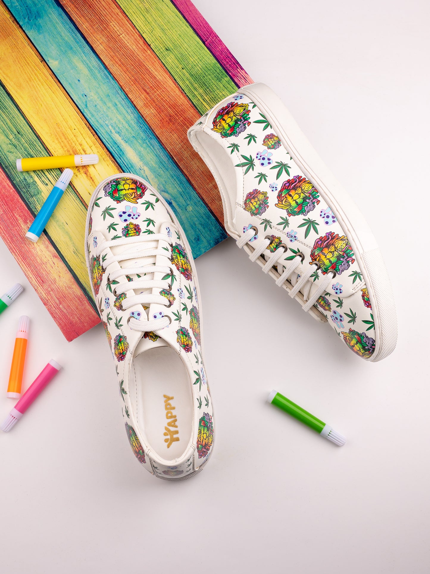 Lion Smoking Weed Design Snow White Shoe - Printed Synthetic Vegan Leather