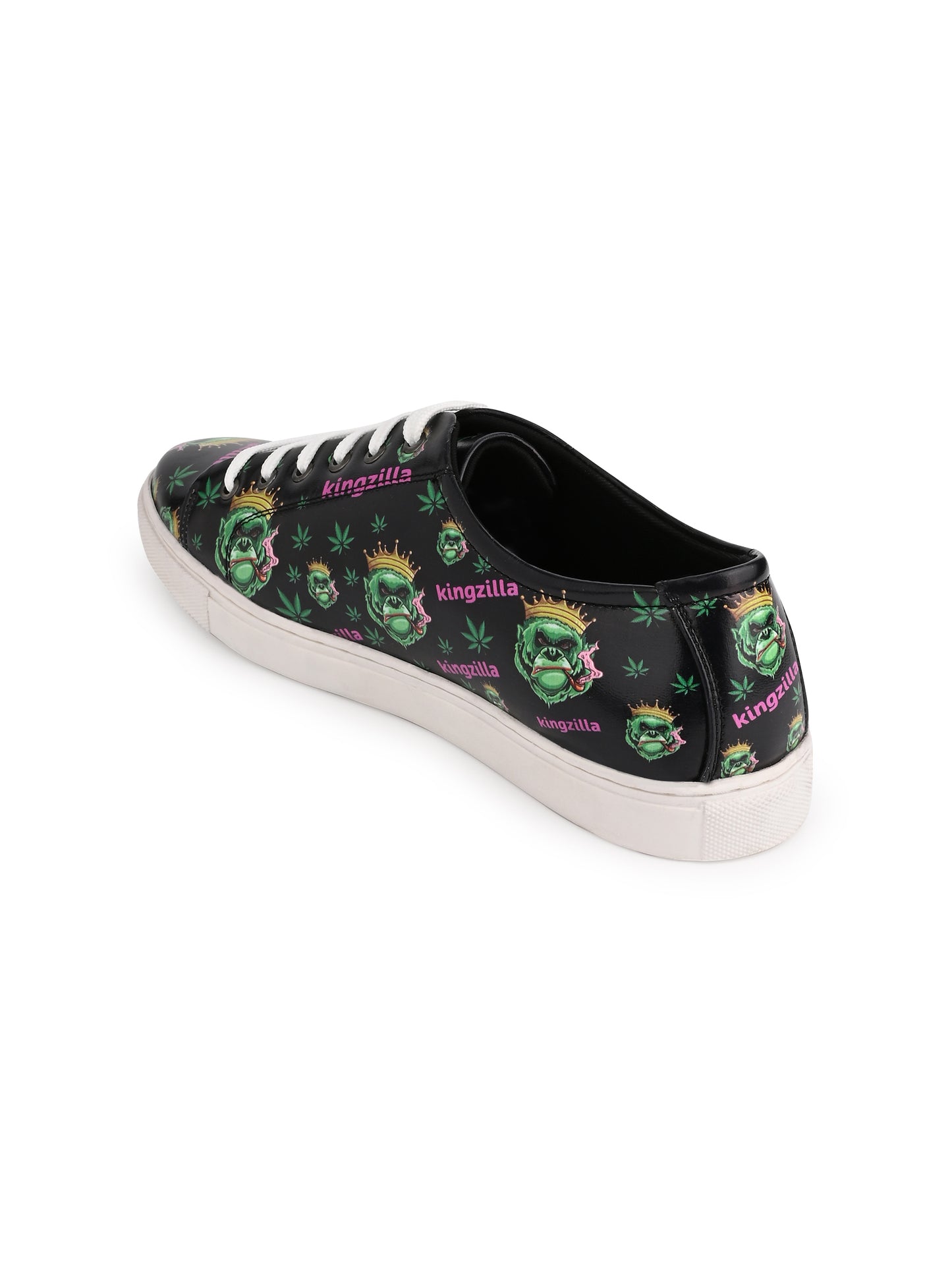 Kingzilla Weed Design Deep Black Shoe - Printed Synthetic Vegan Leather Size