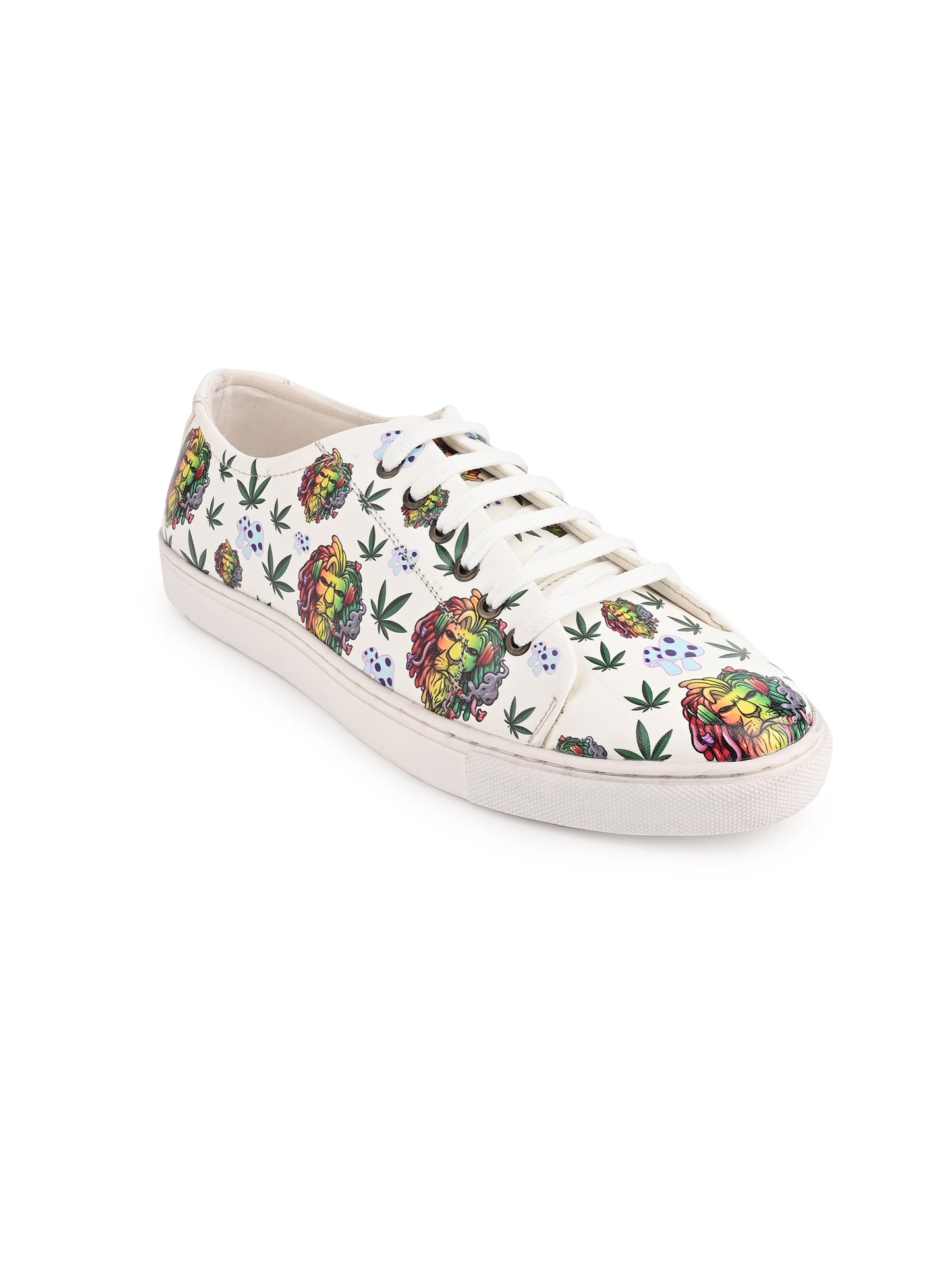 Lion Smoking Weed Design Snow White Shoe - Printed Synthetic Vegan Leather