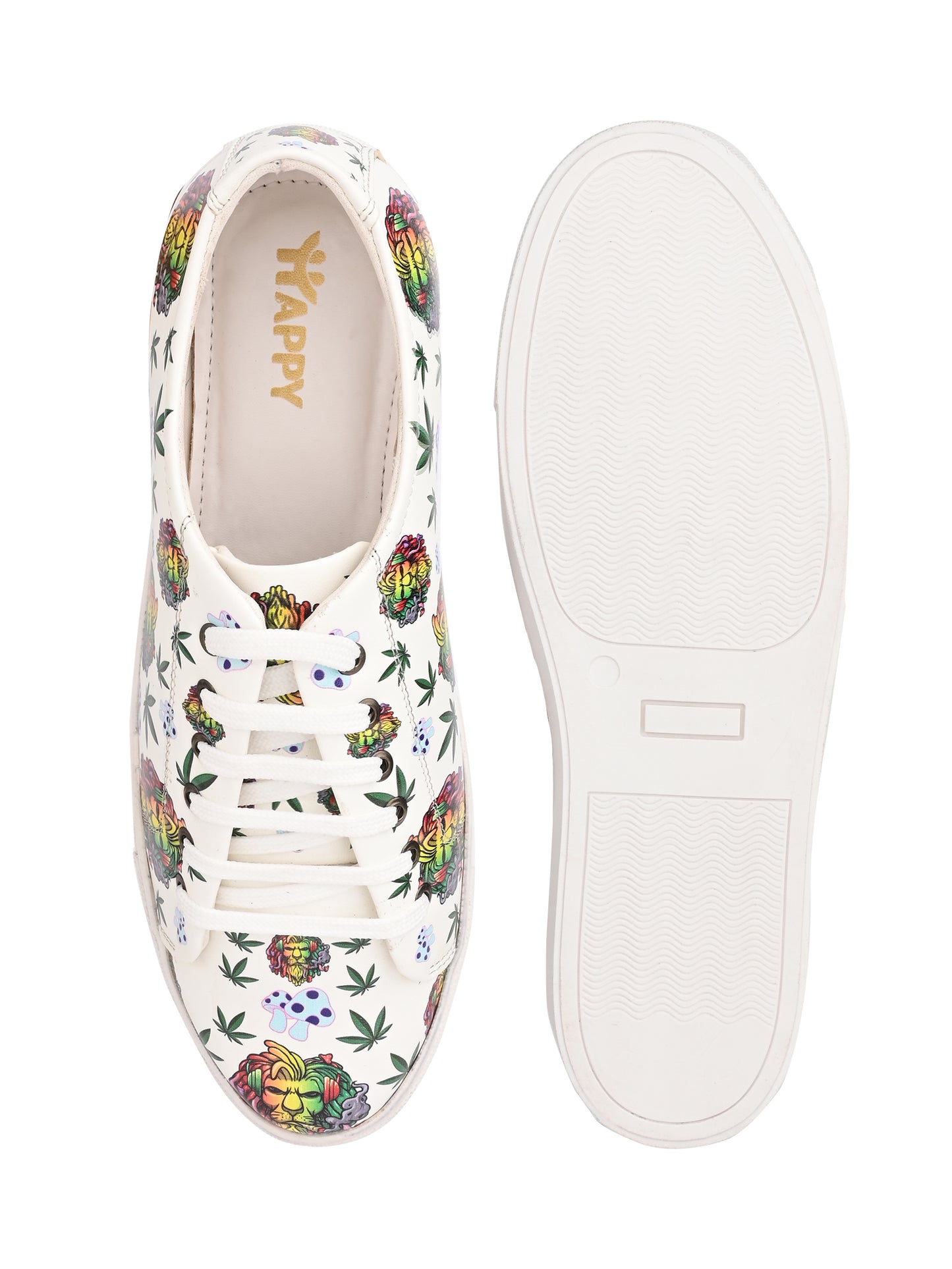 Lion Smoking Weed Design Snow White Shoe - Printed Synthetic Vegan Leather