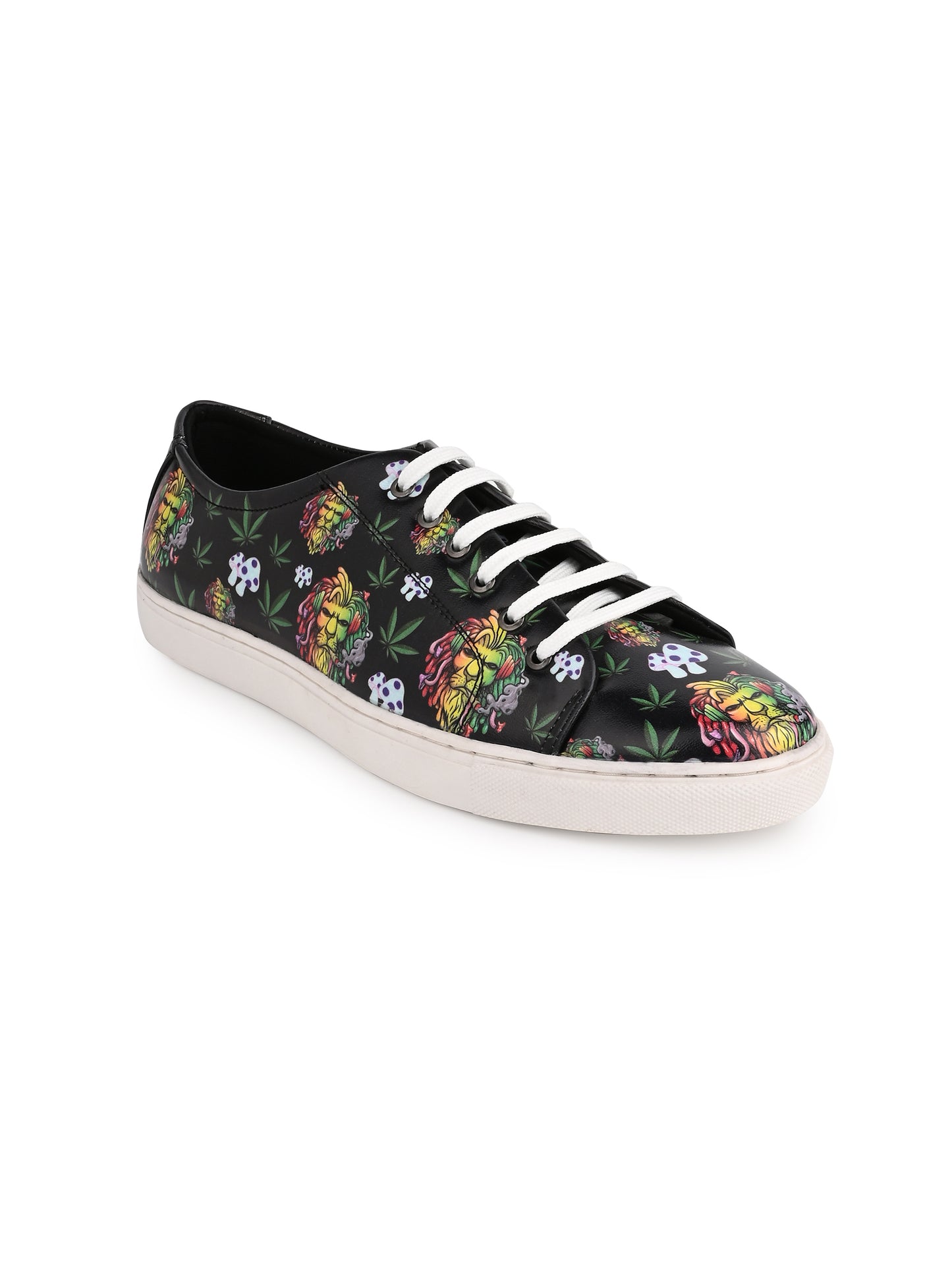 Lion Smoking Weed Design Deep Black Shoe - Printed Synthetic Vegan Leather Size