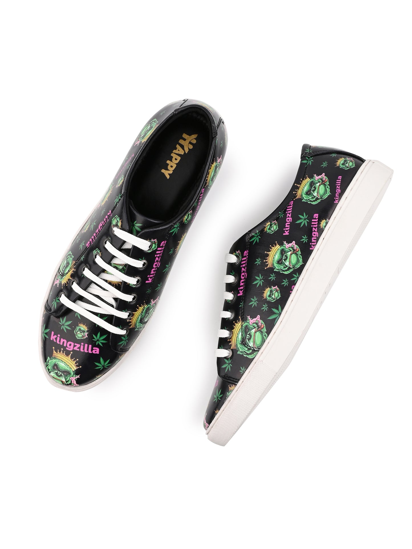 Kingzilla Weed Design Deep Black Shoe - Printed Synthetic Vegan Leather Size