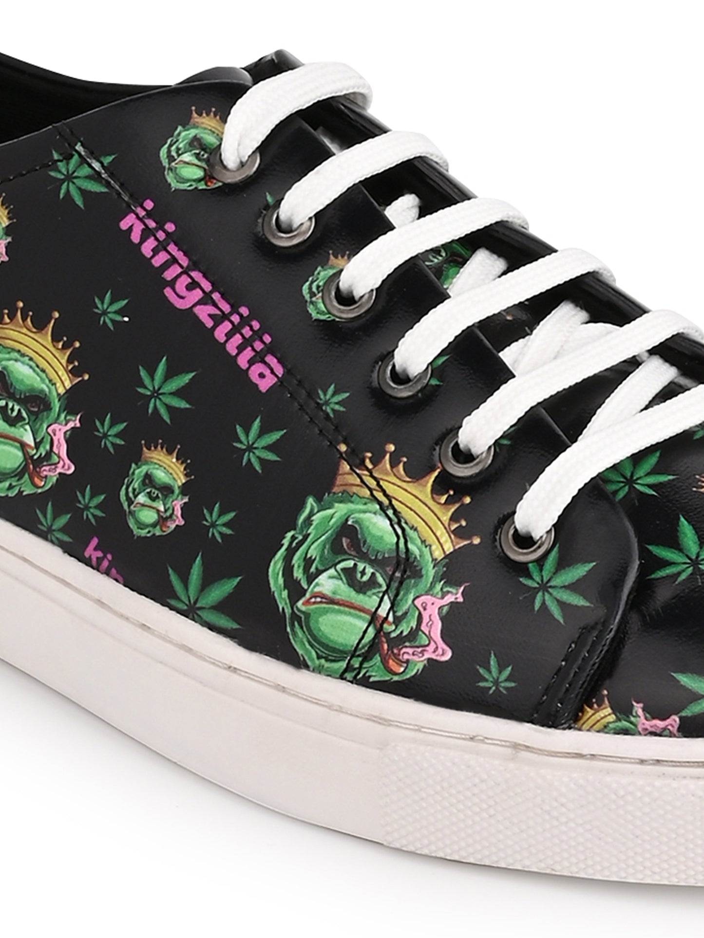 Kingzilla Weed Design Deep Black Shoe - Printed Synthetic Vegan Leather Size