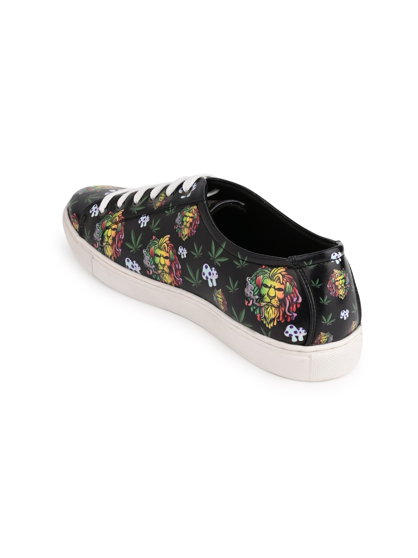 Lion Smoking Weed Design Deep Black Shoe - Printed Synthetic Vegan Leather Size