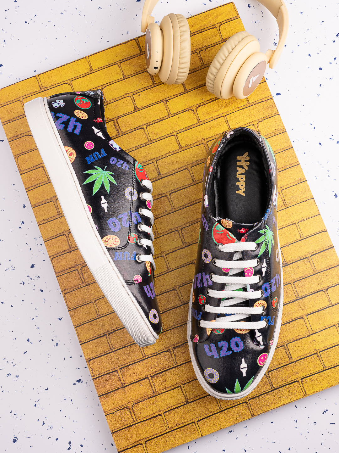 420 Mushroom Weed Design Deep Black Shoe - Printed Synthetic Vegan Leather