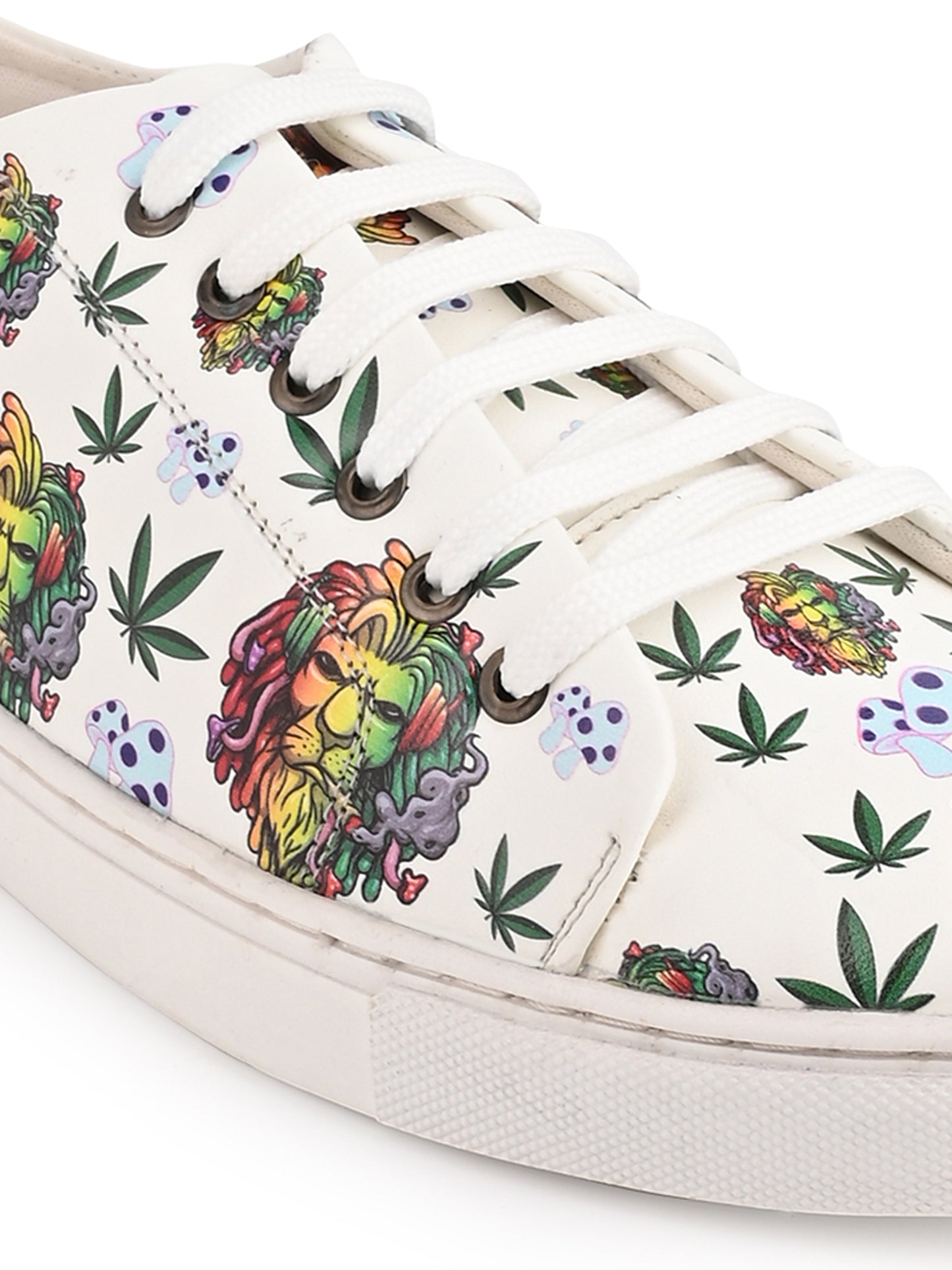 Lion Smoking Weed Design Snow White Shoe - Printed Synthetic Vegan Leather