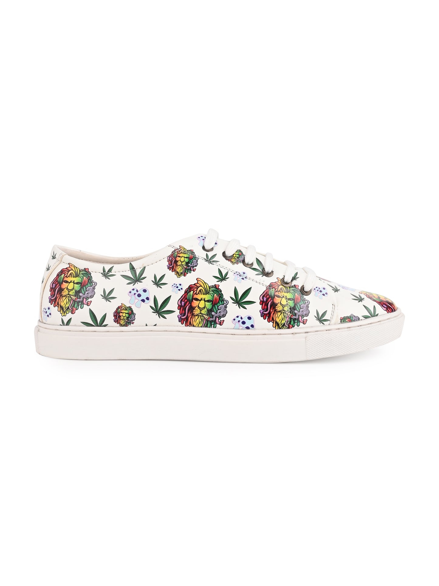 Lion Smoking Weed Design Snow White Shoe - Printed Synthetic Vegan Leather