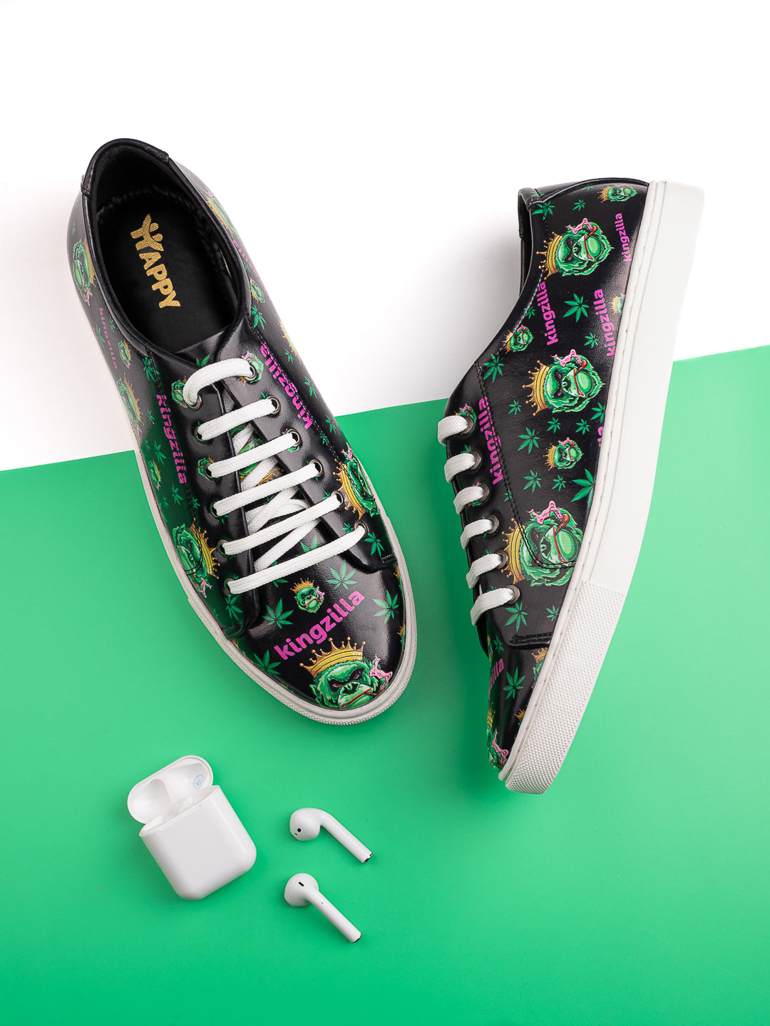 Kingzilla Weed Design Deep Black Shoe - Printed Synthetic Vegan Leather Size