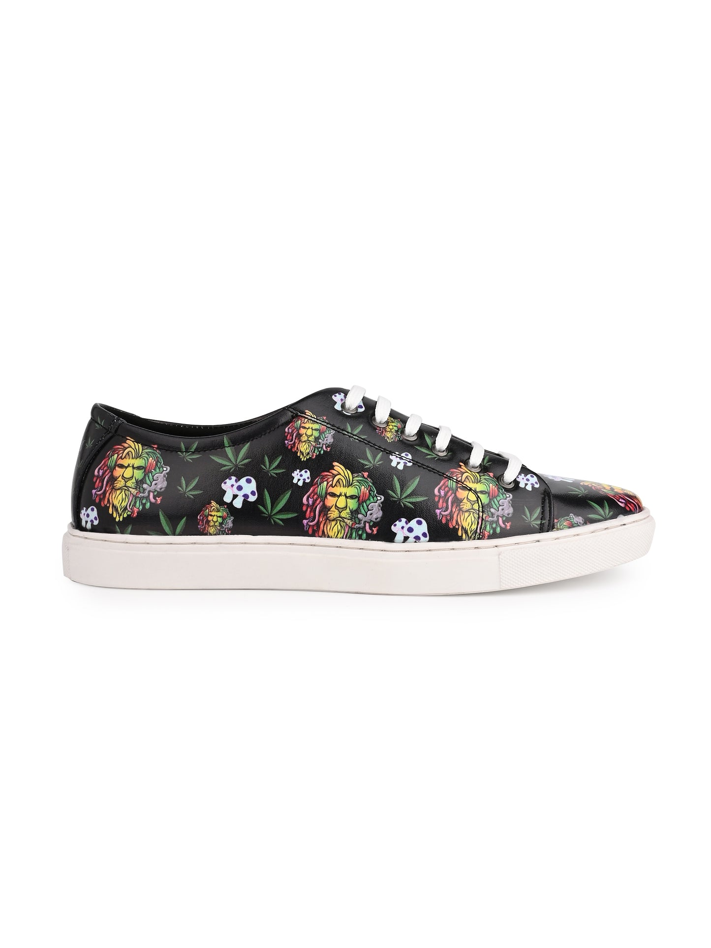 Lion Smoking Weed Design Deep Black Shoe - Printed Synthetic Vegan Leather Size