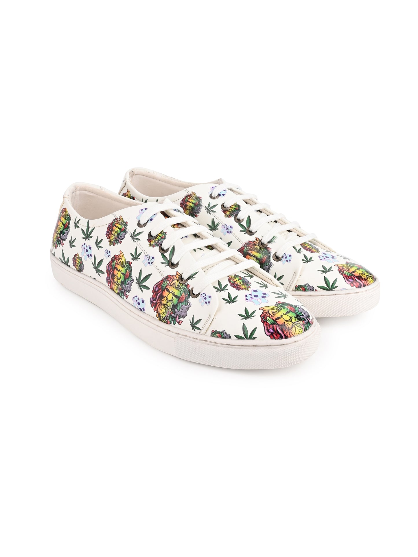 Lion Smoking Weed Design Snow White Shoe - Printed Synthetic Vegan Leather