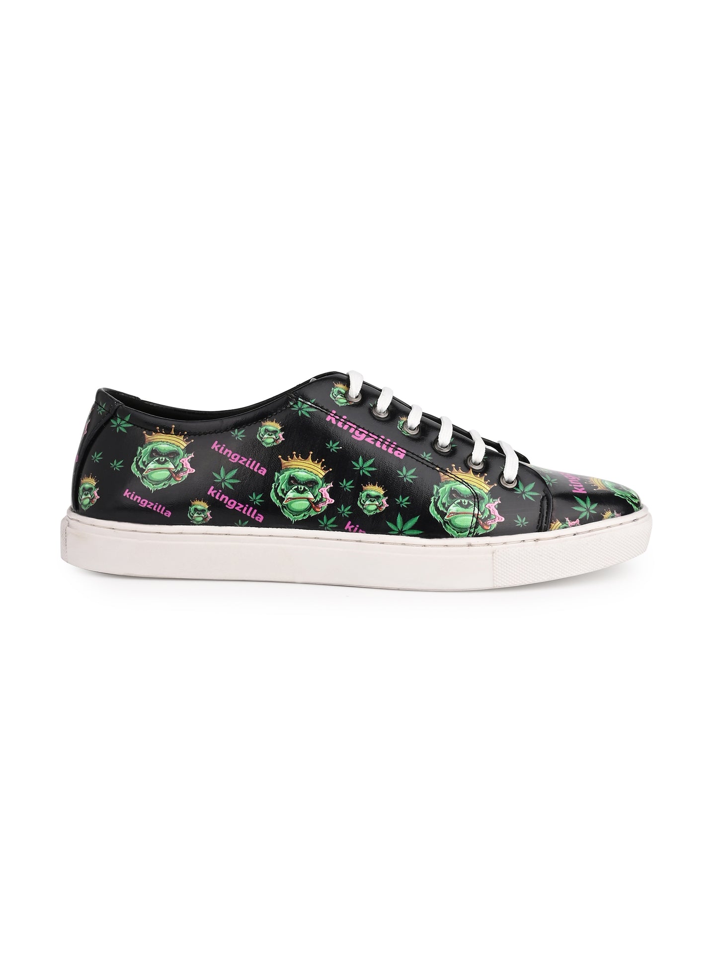 Kingzilla Weed Design Deep Black Shoe - Printed Synthetic Vegan Leather Size