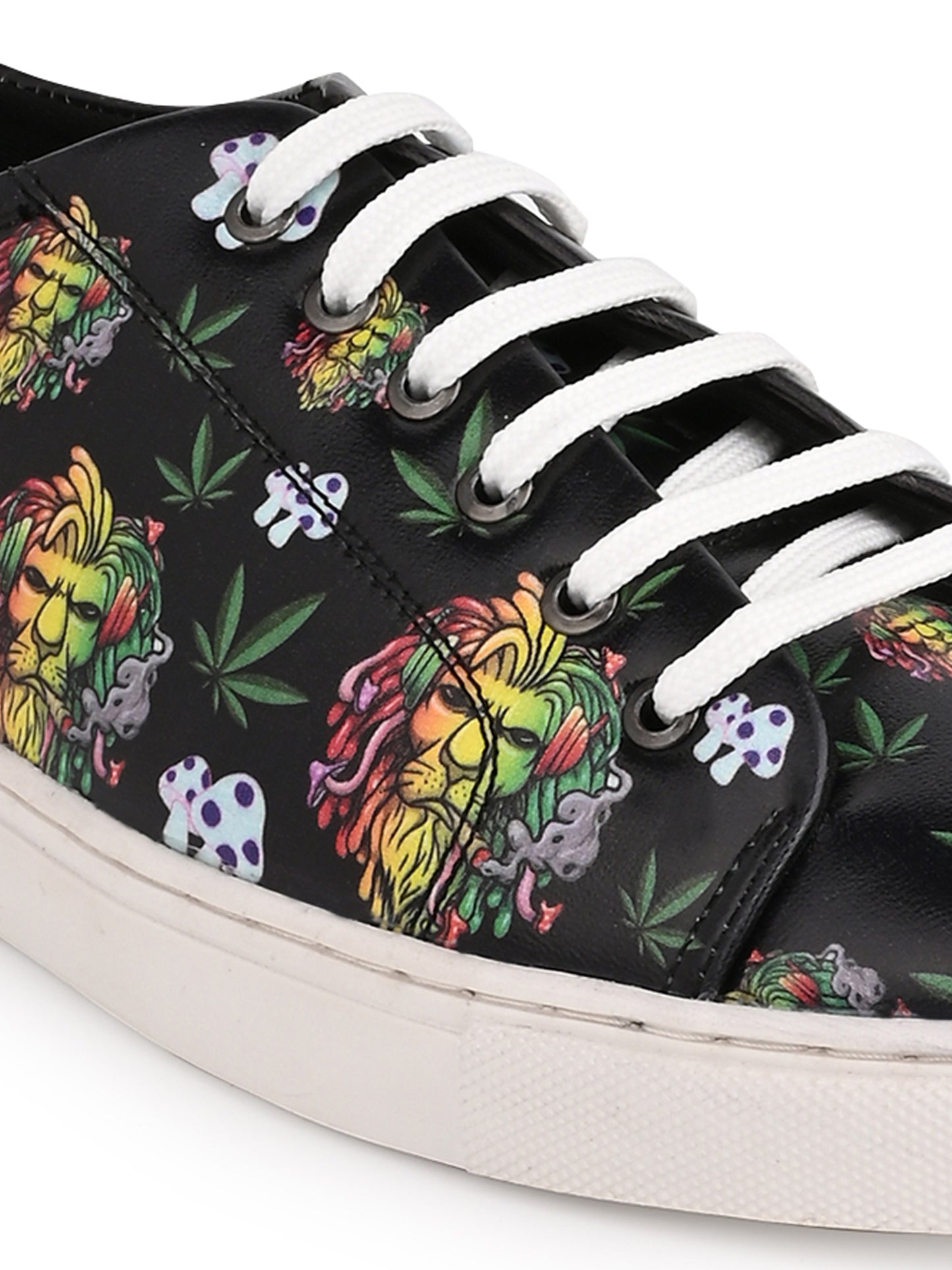 Lion Smoking Weed Design Deep Black Shoe - Printed Synthetic Vegan Leather Size