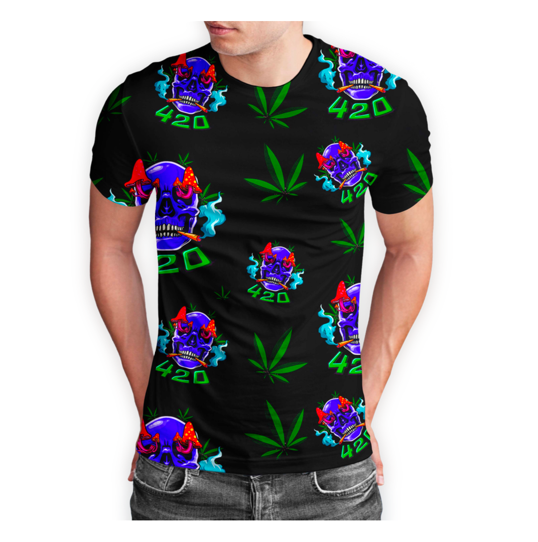 420 Skull Cannabis Leaf Black Short Sleeve T-Shirt