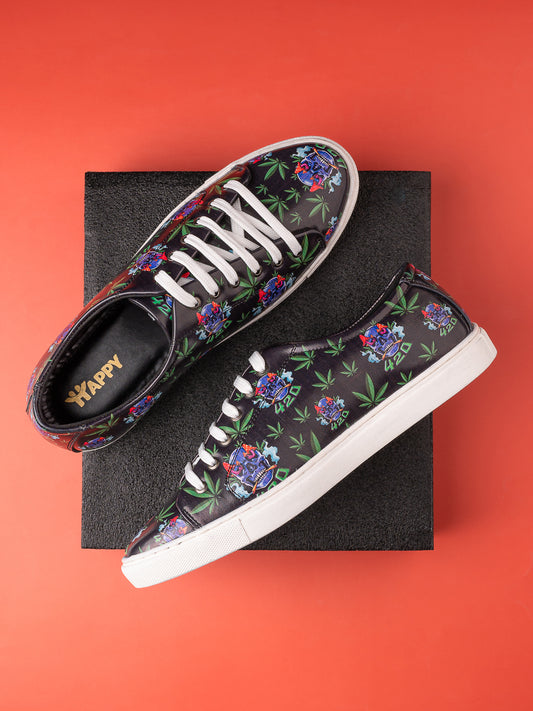 Skull 420 Weed Design Deep Black Shoe - Printed Synthetic Vegan Leather