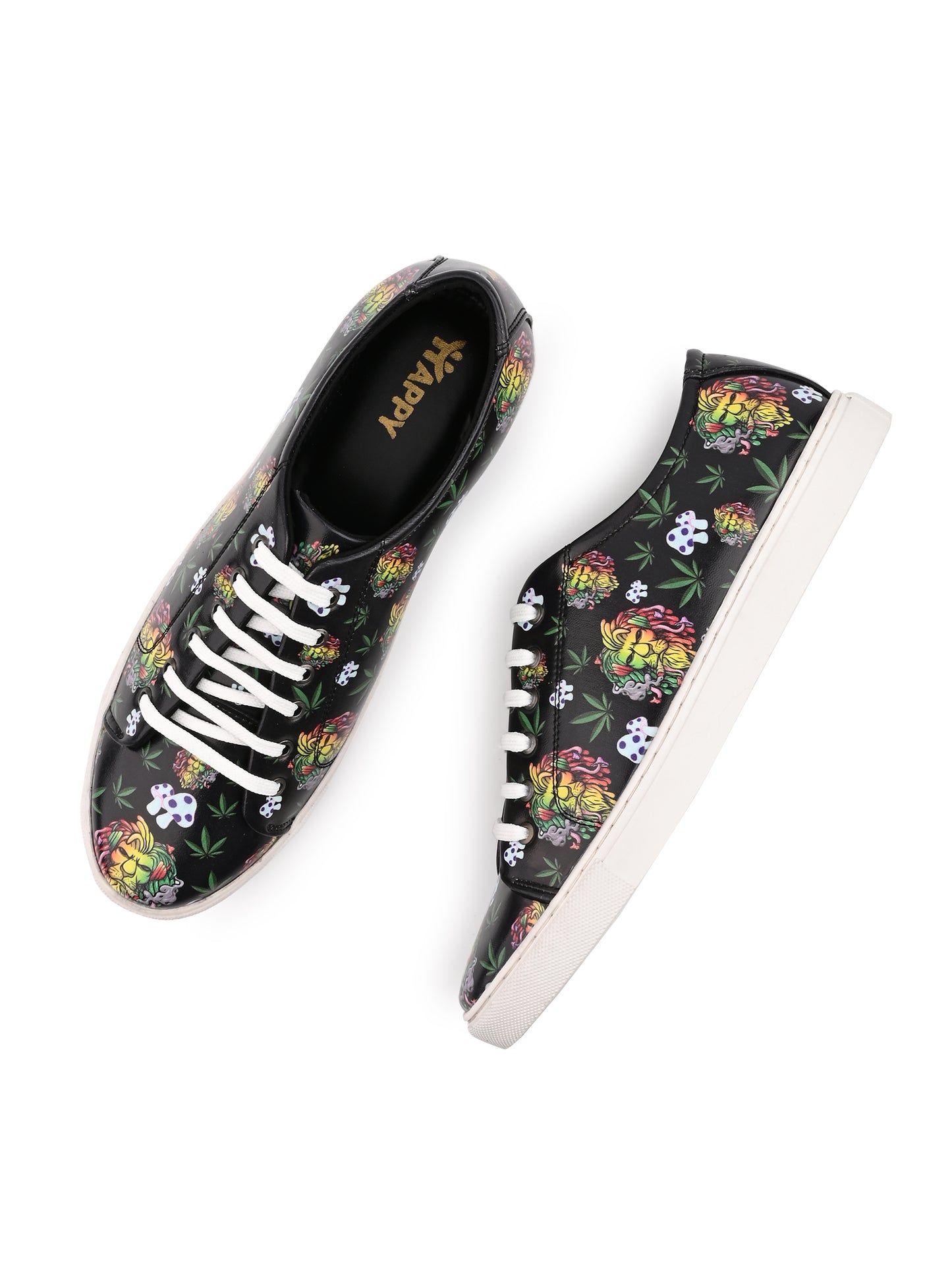 Lion Smoking Weed Design Deep Black Shoe - Printed Synthetic Vegan Leather Size