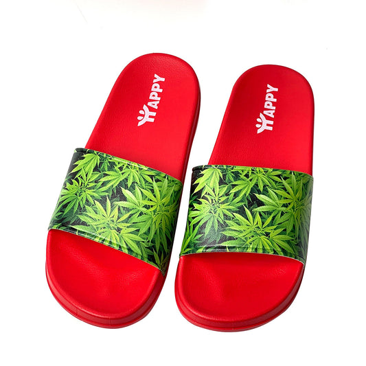 Green Weed Leaf Print Red Slide Sandals