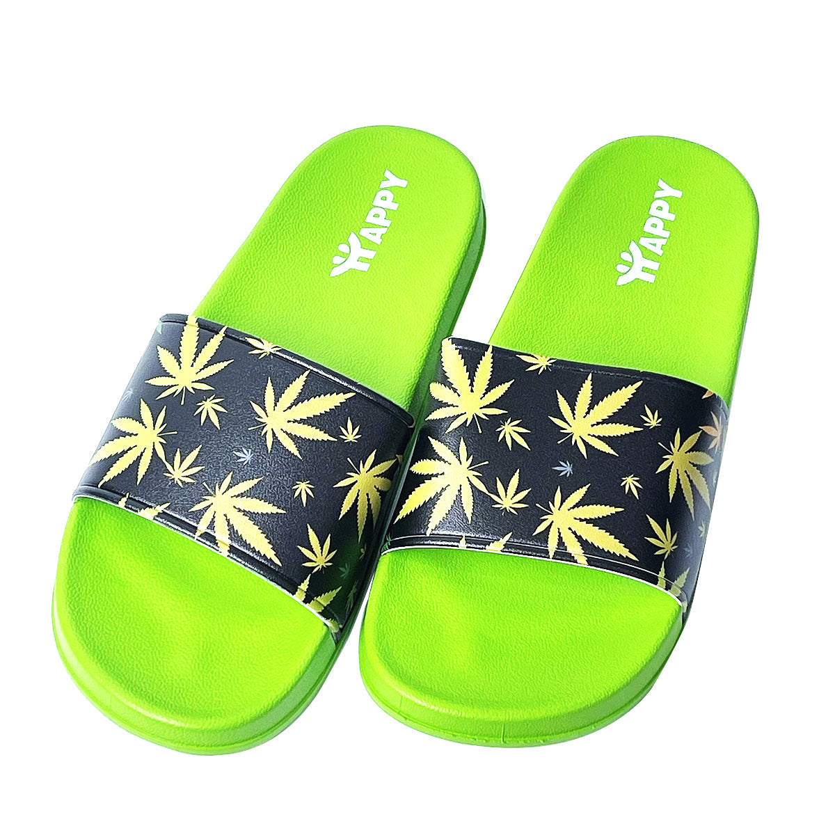 Green Weed Leaf Print Slide Sandals