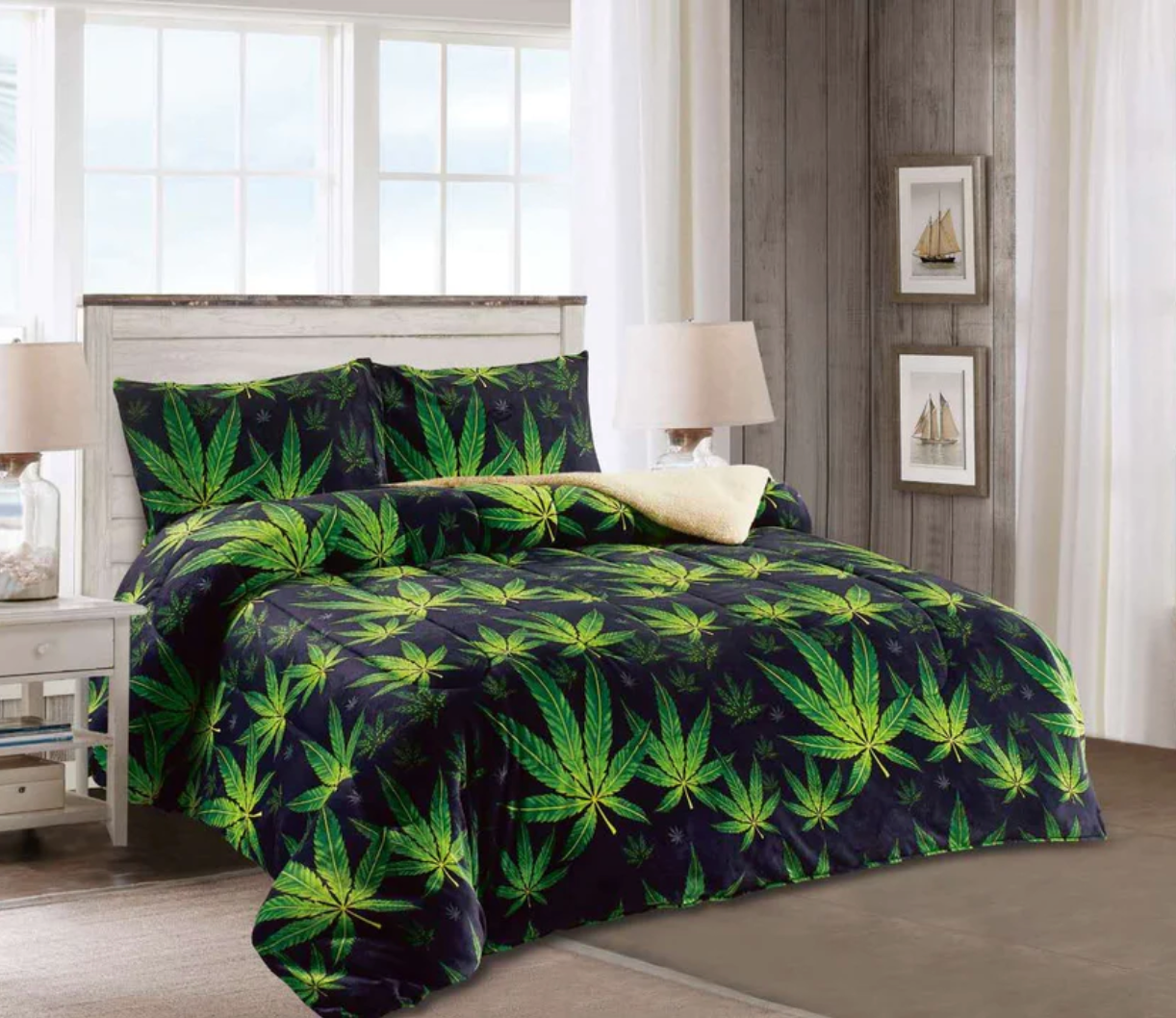 King Super Soft 3 pcs Printing Borrego Blanket Cannabis Print- 2 Pillow Covers