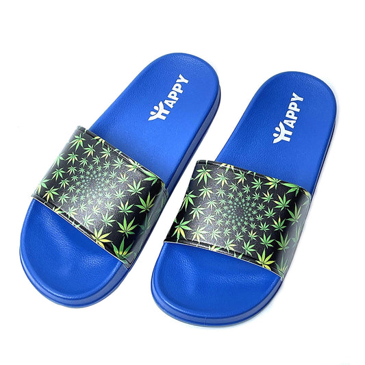 Green Leaf Print Blue Slide Sandals