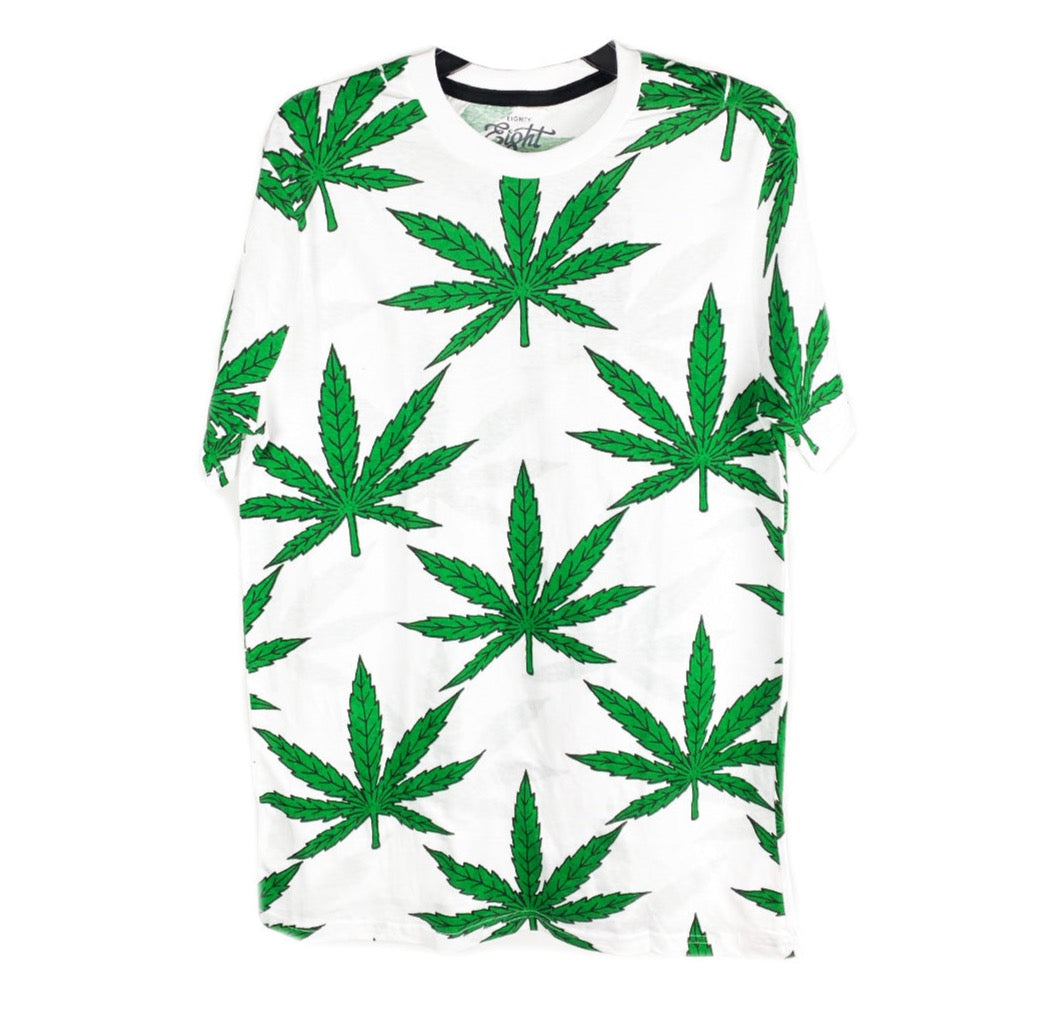 White Green Cannabis Leaf 100% Cotton T-Shirt